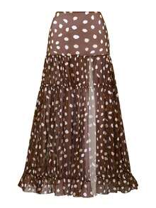 Conjunto de traje de baño de una pieza con escote halter y lunares asimétricos, talla grande falda larga para mujer - Marrón - Ver 8