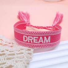 1条绣有“DREAM”字母的手工编织波西米亚复古简约可调节手链，适合派对和日常佩戴。 - 粉色 - 查看 4