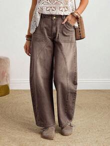 Women's Button Waist Design Pocket Tapered Casual Jeans - Café integral - Ver 6