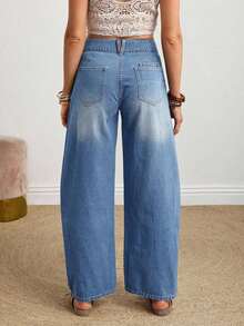 Women's Button Waist Design Pocket Tapered Casual Jeans - Café integral - Ver 9