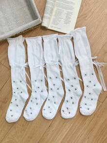 1/5 Pairs Sweet Ditsy Floral Bowknot Decor Knee High Socks, Spring/Summer New Arrival - Multicolor - View 3