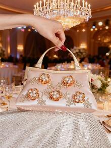 Floral Wristlet Clutch Bag, Party Elegant Handbag, European And American Style Chic Purse, Large Capacity Women's Bag, Formal Dress Bag, Fashion Lady Bag - Champagne - View 4
