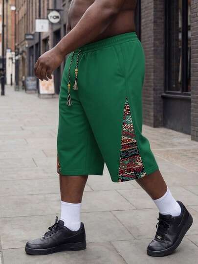 Plus Size Men's Patchwork Loose Breathable 3/4 Shorts, Green Casual Sports Basketball Pants
