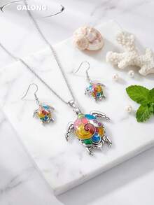 Bộ dây chuyền hình rùa biển nhiều màu sắc, mặt dây chuyền tráng men và bông tai, trang sức phong cách kỳ nghỉ trên đảo. - Bạc - Xem 4