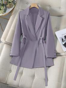 Chaqueta de traje de mujer con doble botonadura y cordones en color marrón, abrigo delgado y de longitud media para ir al trabajo, tela suave y elegante, prenda exterior casual elegante para mujeres de 25 a 45 años en primavera - morado claro - Ver 4