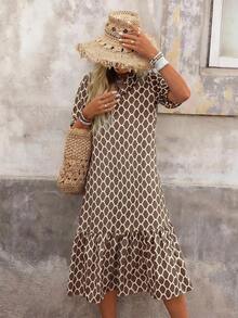 Vestido de mujer con cuello con muescas, volantes en el bajo y mangas cortas - Caqui - Ver 6