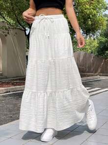 Falda blanca de mujer para vacaciones con diseño entretejido, casual con cordón, volantes en el bajo, de corte maxi en capas, de talle ultra bajo, de ajuste regular, para uso diario casual en primavera/otoño - Blanco - Ver 3