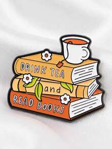 Artistic Book And Teacup Shaped Brooch, Creative Stacked Book And Teacup Design With Floral Accent, Versatile Accessory Suitable For Jacket, Bag, Hat, Perfect For Readers - A - View 1