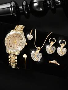 6pcs Set: Luxury Elegant Girls Quartz Watch With Matching Bracelet, Earrings, Ring And Necklace, Stunning Accessories For Parties And Banquets - Gold - View 4