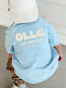 1件儿童“OLLE FAST KIDS CLUB”字母印花短袖圆领T恤，夏季儿童休闲上衣 - 淺藍色 - 查看 2