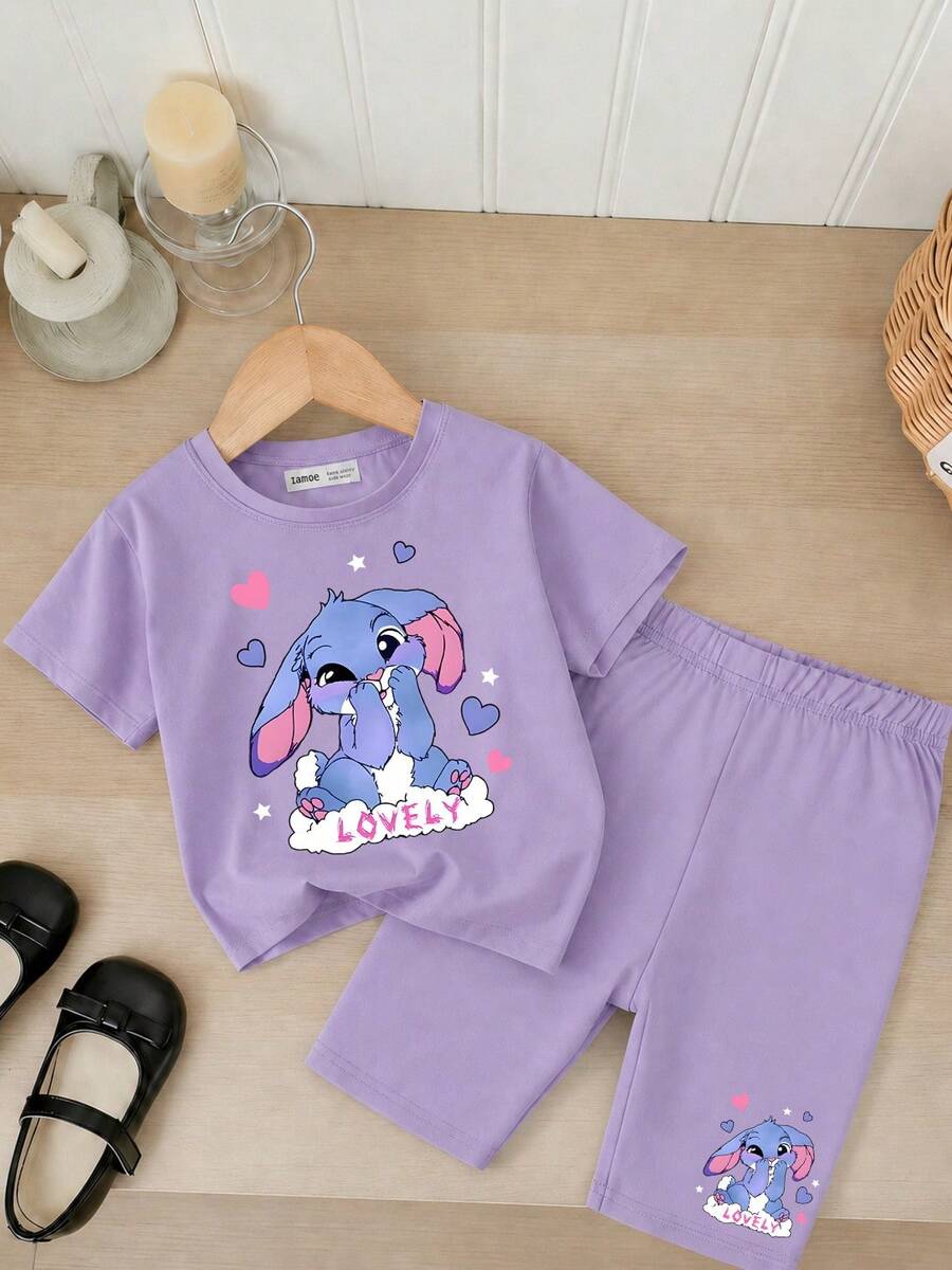 Girls' Summer Casual Set, Pink Short Sleeve T-Shirt With Shy Rabbit Cartoon Print, Paired With Black Shorts With Matching Pattern Accent, Cute And Lively, Suitable For Daily Wear Or Campus Outfit - Mauve Purple - View 1