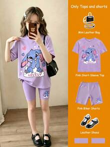 Girls' Summer Casual Set, Pink Short Sleeve T-Shirt With Shy Rabbit Cartoon Print, Paired With Black Shorts With Matching Pattern Accent, Cute And Lively, Suitable For Daily Wear Or Campus Outfit - Mauve Purple - View 2