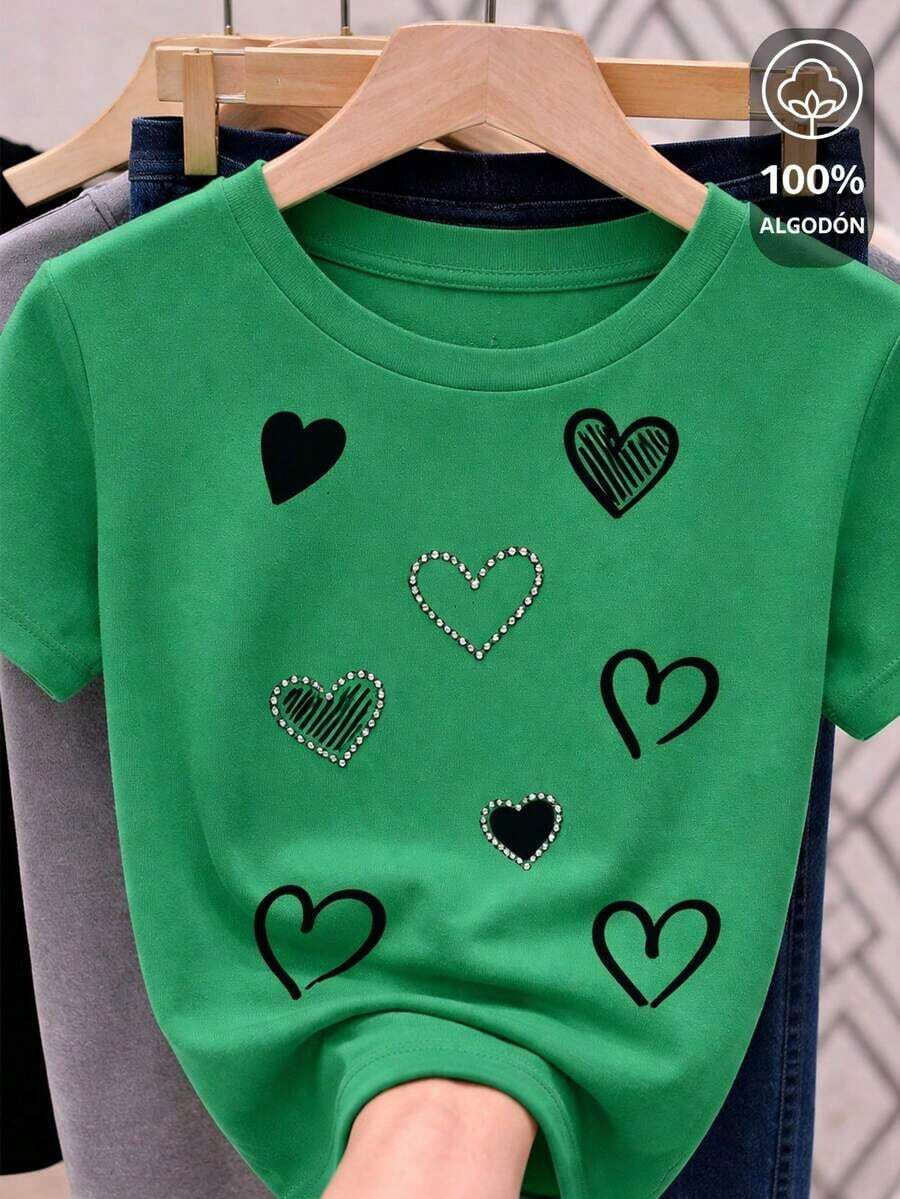Camiseta para mujer de 100% algodón, suave y cómoda de manga corta y cuello redondo con estampado de corazones con diferentes texturas Día de San Valentín Festividades Día del amor y amigo 14 Febrero-Vintage Street Style Unisexoose Cotton Short Sleeve Crew Neck T-Shirt - Verde - Ver 1