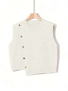 1 pieza Chaleco sin mangas de punto de unicolor con cuello redondo corto, diseño asimétrico con botones, accesorio de moda, chaleco versátil de punto para el verano - Blanco - Ver 7