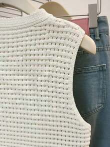 Top de punto sin mangas de cuello redondo de unicolor, versátil para el verano - Beis - Ver 5