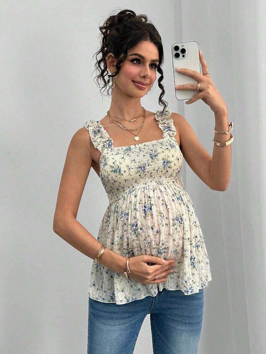 Camiseta sin mangas de línea A con volantes, tirantes anchos y recogida delantera y trasera para maternidad - Azul y blanco - Ver 1