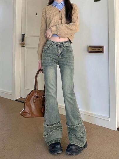 Quần Jeans Nữ Cạp Cao Denim Rửa Sạch Thường Ngày Màu Trơn, Mặc Hàng Ngày Mọi Mùa