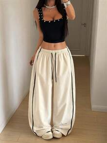 HypeZone Pantalones deportivos casuales de pierna ancha con cintura con cordón - Caqui - Ver 4