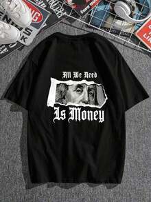 AnChiStreetwear - Camiseta de manga corta de estilo gótico minimalista con estampado gráfico de eslogan "Todo lo que necesitamos es dinero" para hombres de talla grande, adecuada para la calle, al aire libre y el transporte diario - Negro - Ver 2