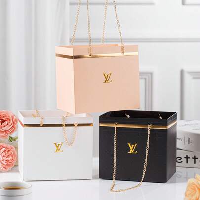 1 pieza Caja de regalo rosa con asa de cadena dorada, regalo de boda romántico, regalo de floristería, caja de papel artesanal, bolsa de regalo rectangular, ramo, bolsa para flores, caja para arreglo floral, bolsa de regalo para flores frescas con asa, adecuada para floristerías