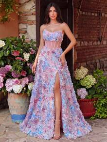 Faeriesty Vestido de noche formal con corsé con paneles de malla y aplicaciones para mujer - Para eventos formales, fiestas de cumpleaños, galas, cenas formales - Rosa - Ver 3