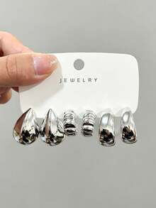 6-18pcs Silver-Tone Earrings Set For Women, Includes Teardrop, Geometric, C-Shaped Designs, Suitable For Versatile Outfits - Silver - View 8