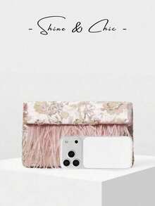 PREMIUM LADIES ELEGANT FLORAL PATTERN BEAD MATERIAL CLUTCH BAG ENVELOPE BAG WITH ARTIFICIAL FEATHER DECORATION,VALENTINES DAY - Pink - View 4
