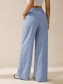 Pantalones largos de rayas con cintura de cordón para uso diario, atuendos de mujer de verano casuales - Azul - Ver 2