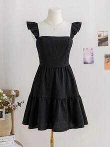 Vestido mini de mujer para vacaciones, de color caqui marrón, con textura de ramitas y hojas, de tela, con mangas de tipo gorro, espalda abierta y cintura con lazo, apto para fiesta, cita, té de la tarde, estilo bohemio, festival de música, carnaval, playa. - Negro - Ver 2
