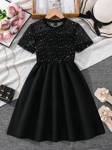 Girls' Fashionable Sequin Dress, Minimalist Elegant Elegant, Suitable For Outdoor Travel, Party, Performance, Spring/Summer - Black - View 2