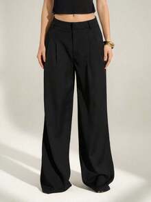 Tall Pantalones anchos de cintura alta plisados de estilo empresarial sexy y casual - Pantalones sueltos de unicolor elegante, ropa profesional de oficina, pantalones de trabajo con corte elegante para mujeres - Negro - Ver 3