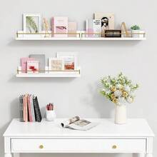 Gold Floating Shelves For Wall Decor Set Of 3, Bathroom Shelves Over Toilet, Modern Display Wall Shelf With Guard Rail For Living Room Bedroom Organizers And Storage - White And Gold - Trắng và Vàng - Xem 7