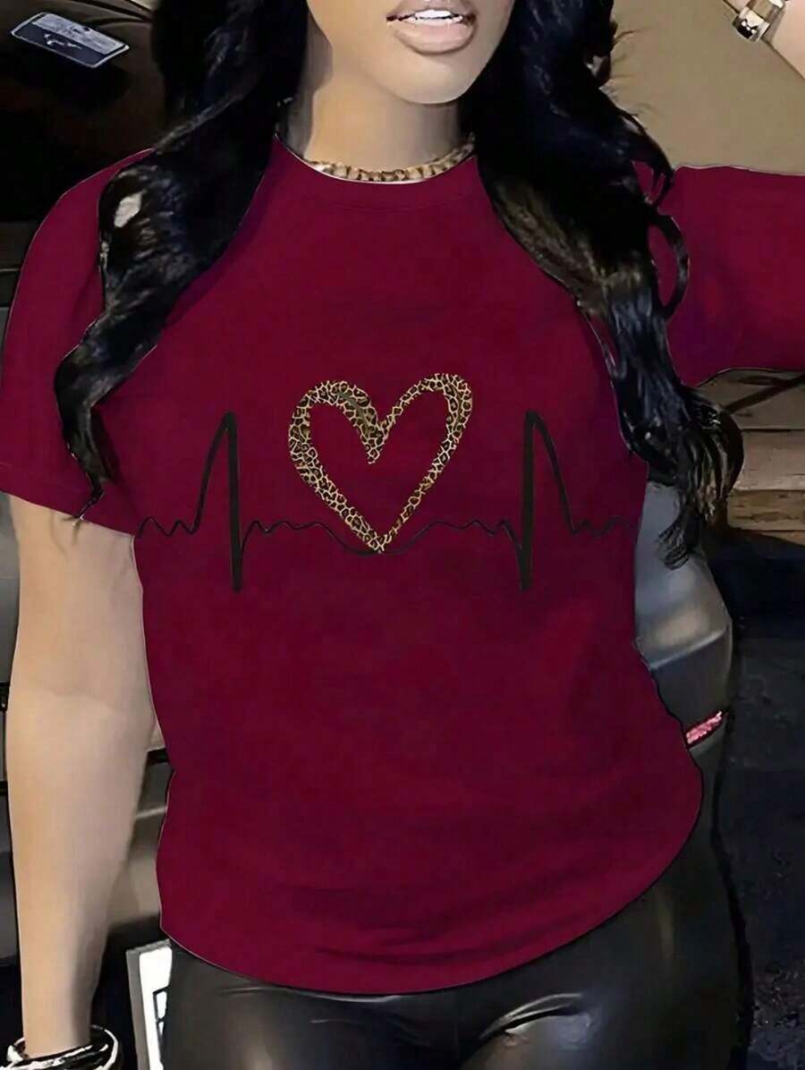Camiseta personalizada Informal de Mujer con Estampado de Leopardo y Gráfico de Corazón & Línea Semitransparente de Cuello Redondo, Manga Corta, Transpirable para Verano, Lavable a Máquina Material Semitransparente-Vintage Calle Estilo Unisexo Suelto Algodón Corto Manga Tripulación Cuello Camiseta - Negro - Ver 1
