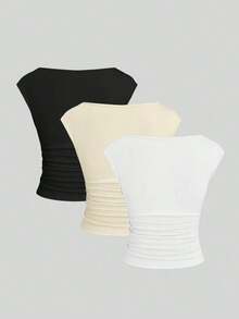 Set de 3 piezas de Top/camiseta de mujer ajustada, de manga corta, con espalda recortada, transpirable y que absorbe la humedad - Multicolor - Ver 2