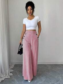 Nuevos pantalones de estilo coreano de primavera/verano, minimalistas y elegantes, de lino a rayas azul y blanco, de cintura alta, estilizadores, de pierna recta y sueltos, informales para mujer - Rojo - Ver 5