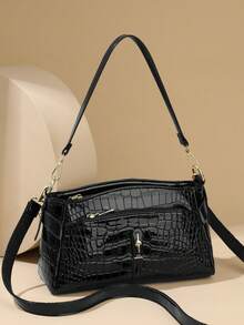 Retro Minimalist Printed Crossbody Bag With Adjustable PU Strap, Flap Closure , New Year - Gris - Ver 2