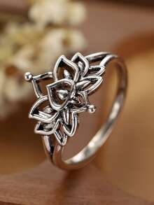 1pc Vintage Silver Lotus Flower Ring, Retro Oxidized Openwork Floral Ring, Boho Stackable Finger Jewelry For Women, Daily Wear & Festival Accessories, Gift For Her - Lotus Ring - View 2