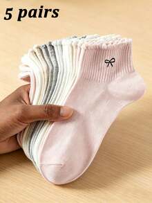 1/5 paires de chaussettes montantes femme avec volants et nœud en forme de cœur - respirantes, confortables, douces - convient pour le port quotidien, le travail, la maison - toutes saisons - Multicolore - Voir 8