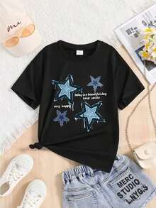 Women's Short Sleeve T-Shirt Autumn-Winter 2025 - Round Neck, Relaxed And Versatile Cut With A Modern Star Print. Soft And Lightweight Fabric With Excellent Drape, Perfect As The Base For A Casual Or Playful Look. - 1 - 查看 7