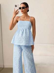 MaterniWear Set de 2 piezas de conjunto informal de camiseta de tirantes y pantalón de pierna ancha con estampado floral para maternidad - Celeste - Ver 8
