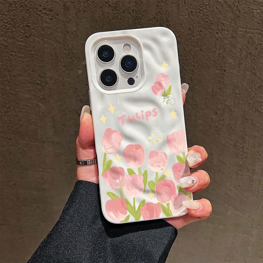 Pastel Tulip Print Wavy Phone Case, Shockproof Protector With Raised Corners, Anti-Scratch Anti-Fingerprint, Fresh Flower Design Compatible With IPhone 17 16 15 14 13 12 Pro Max - White - View 1