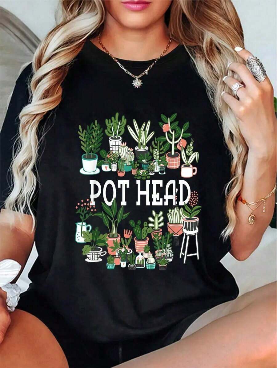 % Algodón Amante de las Plantas y Jardinero: Camiseta de Manga Corta con Cabeza de Maceta y Suculentas AJ0O - Negro - Ver 1