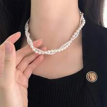 Dây chuyền hạt cườm hai lớp, dây chuyền choker ngọc trai giả dành cho nữ - trắng - Xem 1
