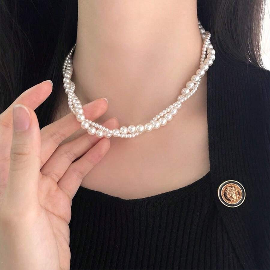 Dây chuyền hạt cườm hai lớp, dây chuyền choker ngọc trai giả dành cho nữ - trắng - Xem 1
