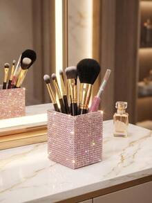 Acrylic Fully Rhinestoned Pen Holder & Makeup Brush Organizer, Luxury Sparkling Desktop Decor, Vanity Desk Pen Holder & Storage Solution - Multicolor - View 6
