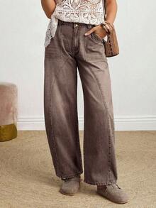 Women's Button Waist Design Pocket Tapered Casual Jeans - Café integral - Ver 7