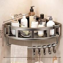 Space-Saving One-Piece Bathroom Grey Shelving Unit - No Drilling Required, Heavy Duty Triangle Rack With Hooks, Suitable For Shower And Toilet Wall/Tile, Multi-Function Storage Organizer - Grey - View 6