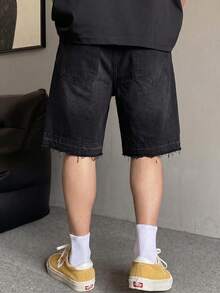 Quần short denim ống rộng rách gấu, quần short jeans dáng rộng lửng phong cách Y2K, quần short denim cotton túi xéo phong cách đường phố, quần jeans mùa hè. - màu đen - Xem 3