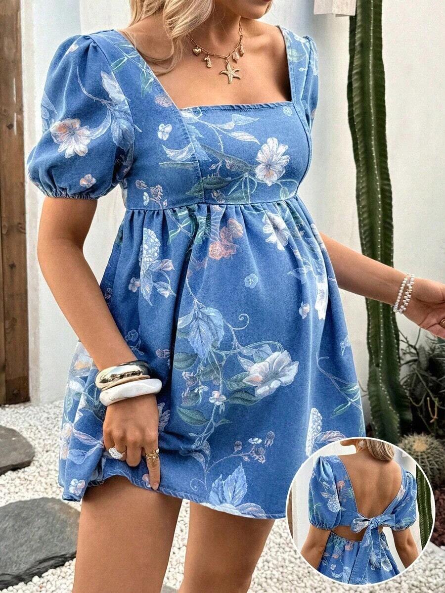 Vestido corto de maternidad de mezclilla azul con mangas de pétalo - Azul - Ver 1