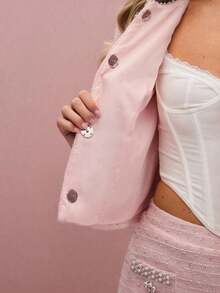 Chaqueta elegante de mujer con adornos de perlas y mangas cortas, para verano - Rosa - Ver 8